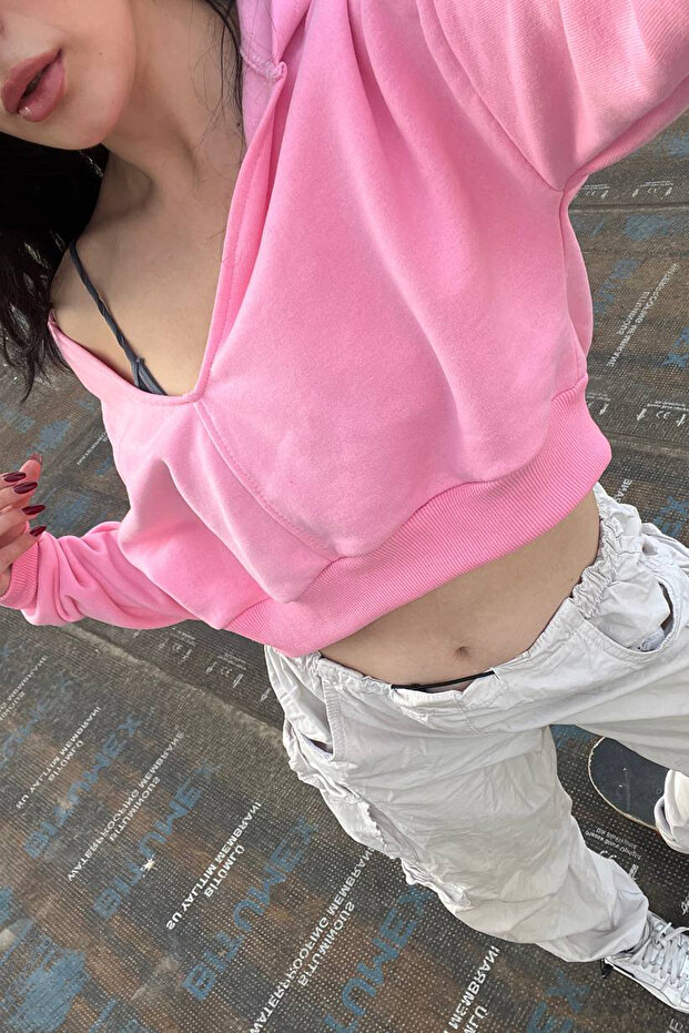 Kadın Kapüşonlu V Yaka Basic Crop Örme Sweatshirt - 5