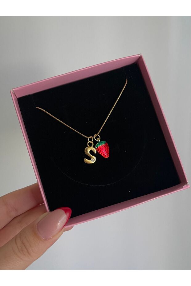 Çilekli Harfli Çelik Kolye - 2