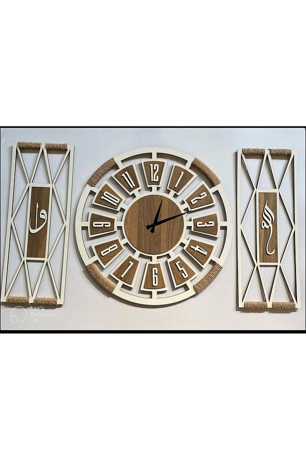 50x50 Dekoratif 3 Lü Set Ahşap Halatlı Duvar Saati - 1