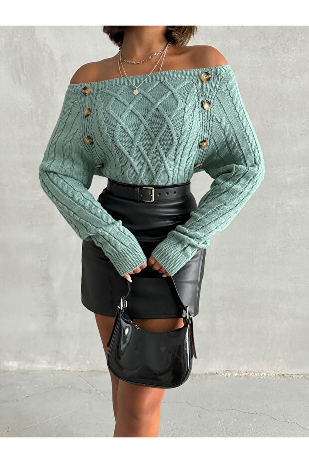 Boat Neck Diamond Patterned Buttoned Sweater - 5