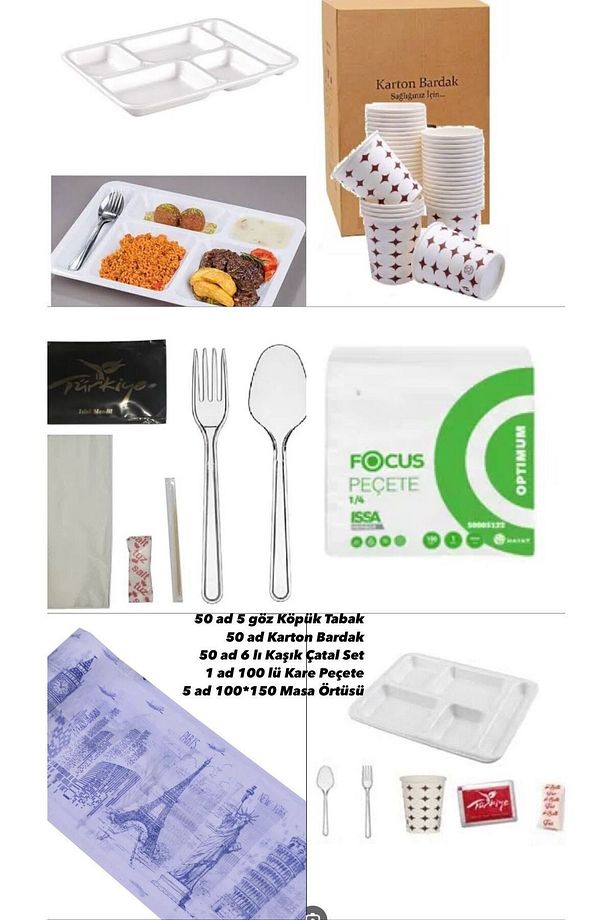 5 Göz Tabldot Köpük Tabak Kaşık+Çatal+Bardak+Tuz+Islak Mendil MASA ÖRTÜSÜ 50 li Set - 1