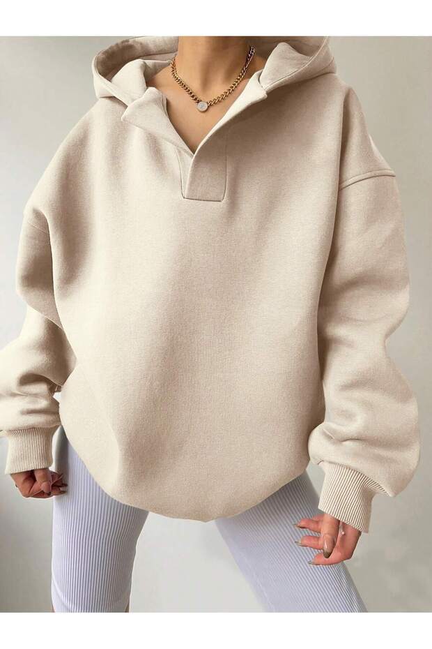 Unisex V-Yaka Kapüşonlu Basic Kol Baskılı Oversize Swetshirt - 1
