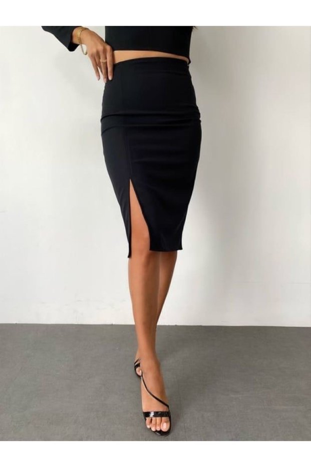 Black Fabric High Waist Slit Skirt
