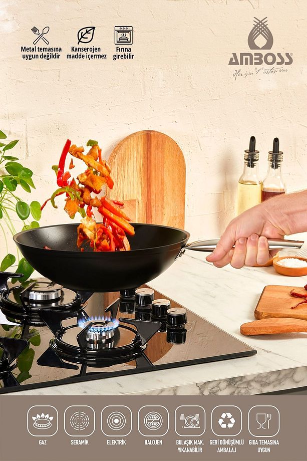 Dark Yanmaz Yapışmaz 3 Parça Titanyum Kaplama Tava -Cam Kapaklı (28 cm Wok, 28 cm Tava Tek Ka - 6