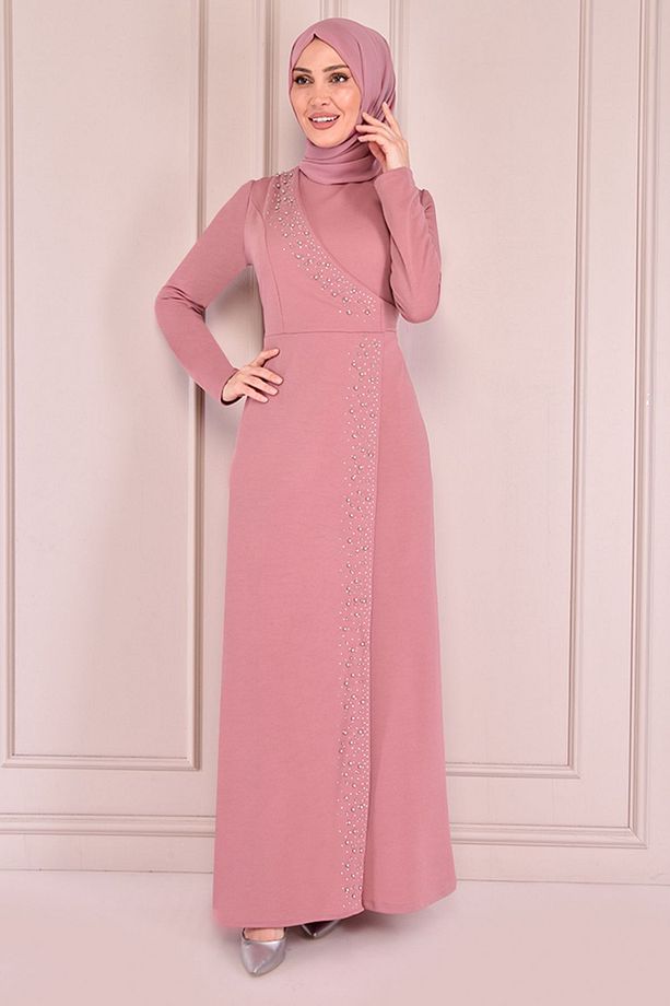 Kadın Giyim Abiye Moda Taş Işlemeli Uzun Tesettür Elbise 2459 Gül Kurusu - 3
