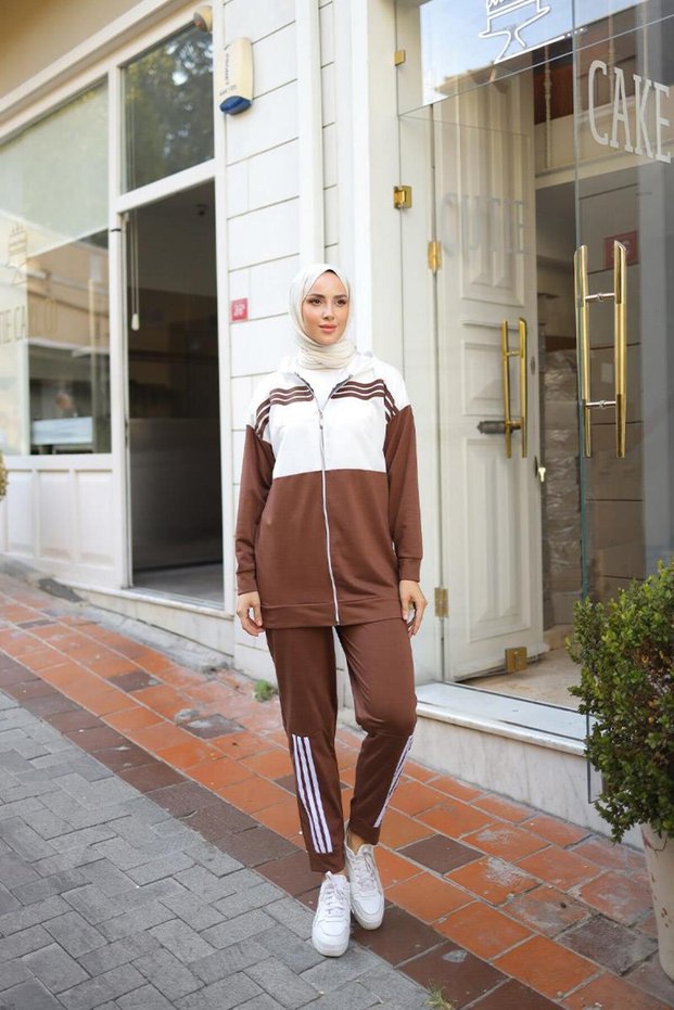 Hooded Zippered Tracksuit Set with Stripe Detail - 1016