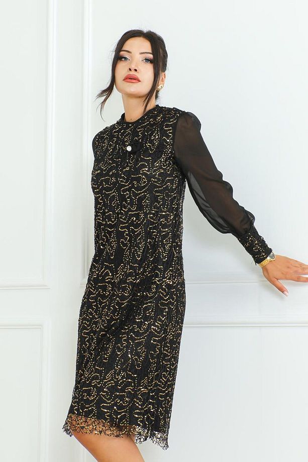 Kadın Giyim Abiye Moda File Pul Payet Kısa Abiye Elbise 2728 Siyah-gold - 3