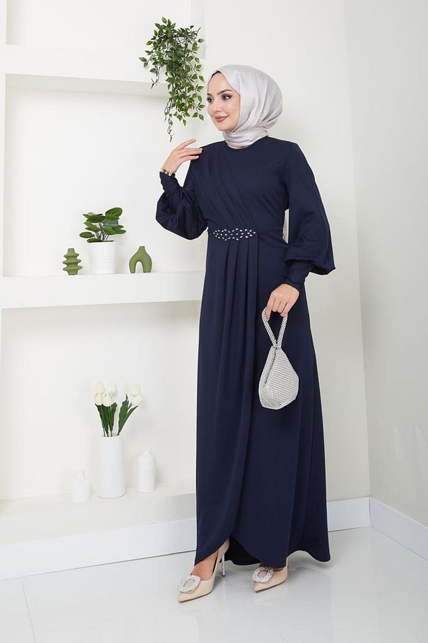 Kadın Giyim Abiye Moda Aplike Taşlı Uzun Günlük Abiye Elbise 2723 Lacivert - 2