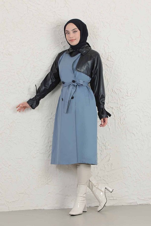 Deri Detaylı Trençkot Mavi - 7
