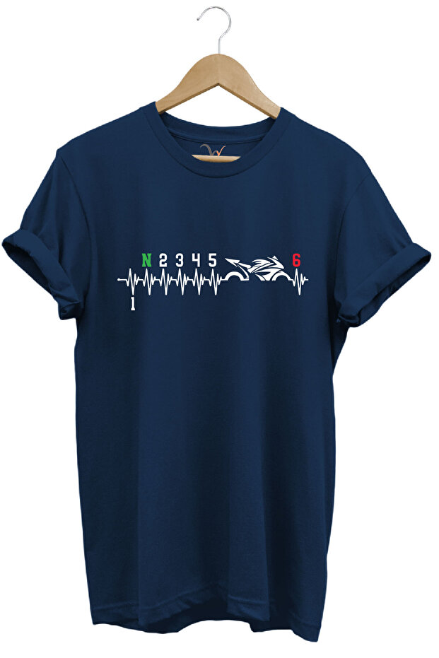 Motorcycle Motorcycle Heart Rhythm Printed 1N23456 Regular Fit 100% Cotton Navy Blue T-Shirt