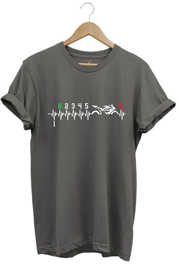 Motorcycle Motorcycle Heart Rhythm Printed 1N23456 Regular Fit 100% Cotton Gray T-Shirt