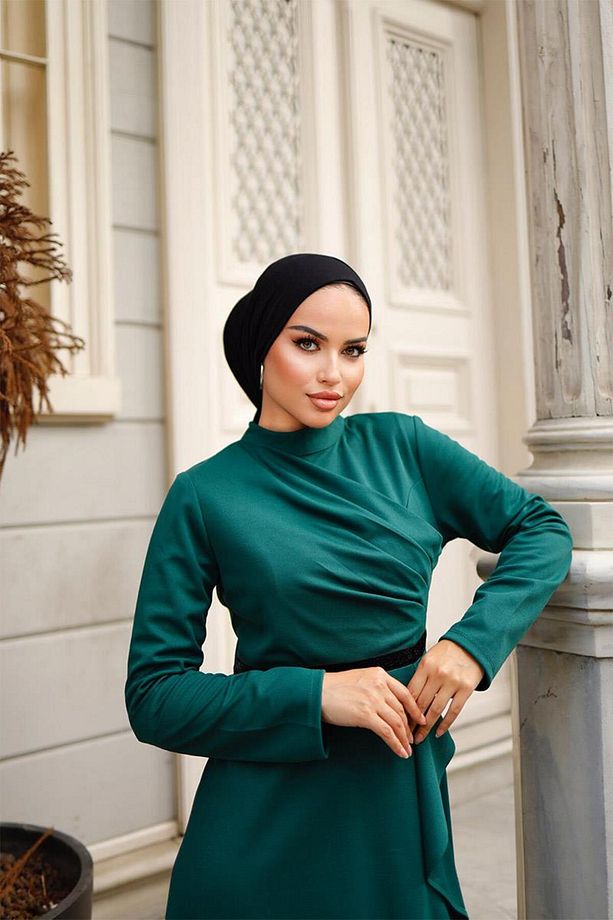 Eteği Fırfırlı Kadın Abiye Elbise Brc1109 Zümrüt - 4