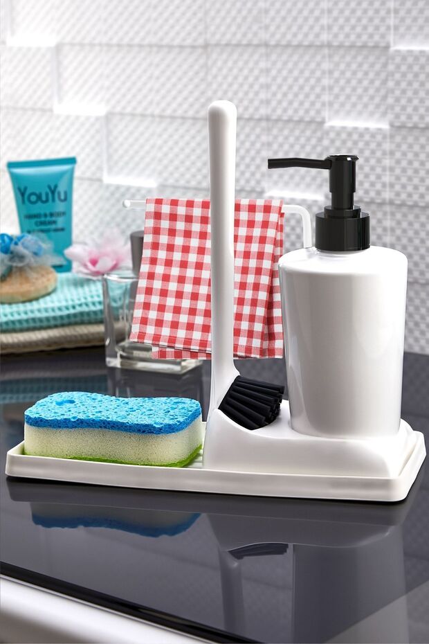 Armona Silicone Brushed Countertop Soap Dish Kitchen Bathroom Liquid Soap Dispenser Set Sponge Holder Cloth Set