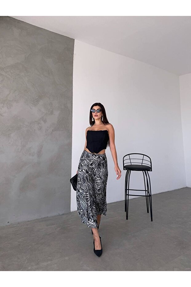 Women's Skirt - Zebra Pattern Midi Length Satin Skirt