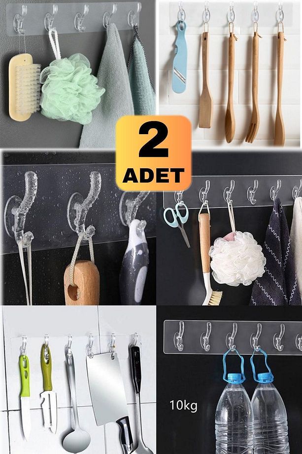 2 Adet 5 Kancalı Şeffaf Mutfak Banyo Askılığı Güçlü Yapışkanlı Askılık Set 5'li Tek Kapı Duvar Askı - 7
