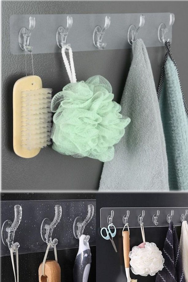 2 Adet 5 Kancalı Şeffaf Mutfak Banyo Askılığı Güçlü Yapışkanlı Askılık Set 5'li Tek Kapı Duvar Askı - 1