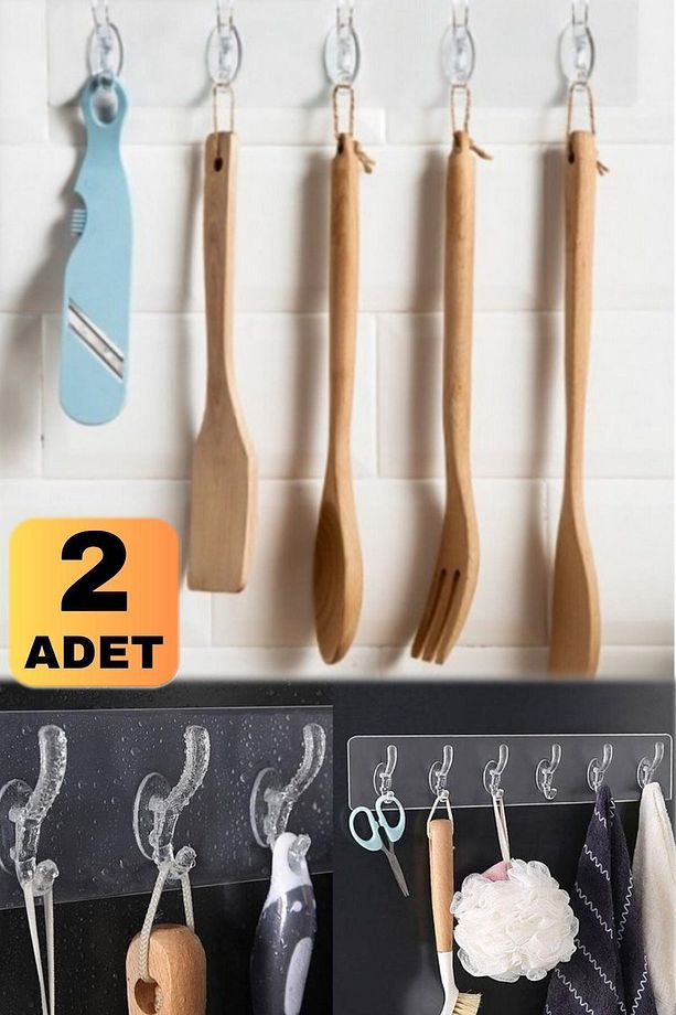 2 Adet 5 Kancalı Şeffaf Mutfak Banyo Askılığı Güçlü Yapışkanlı Askılık Set 5'li Tek Kapı Duvar Askı - 5