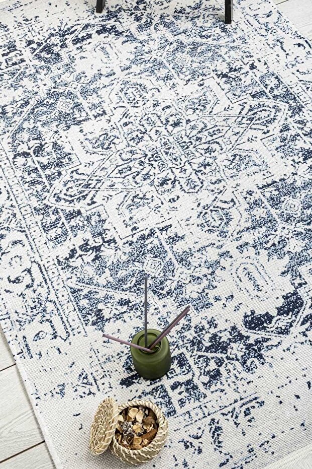 Blue Classic Patterned Chenille Machine Carpet Fringed Non-Slip Base Carpet 7411