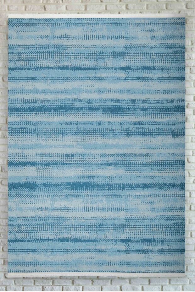 Tonaton Patterned Blue Colored Non-Slip Base Washable Chenille Machine Carpet 7360