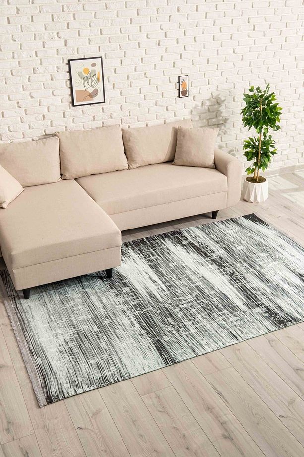 Abstract Desenli Gri Siyah Yıkanabilir Kaymaz Taban Şönil Koridor Salon Mutfak Halısı 7832 - 4