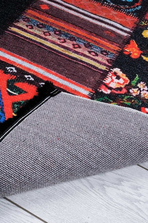 Patchwork Desenli Siyah Şönil Makina Halısı Yıkanabilir Saçaklı Kaymaz Taban Halı 7599 - 6