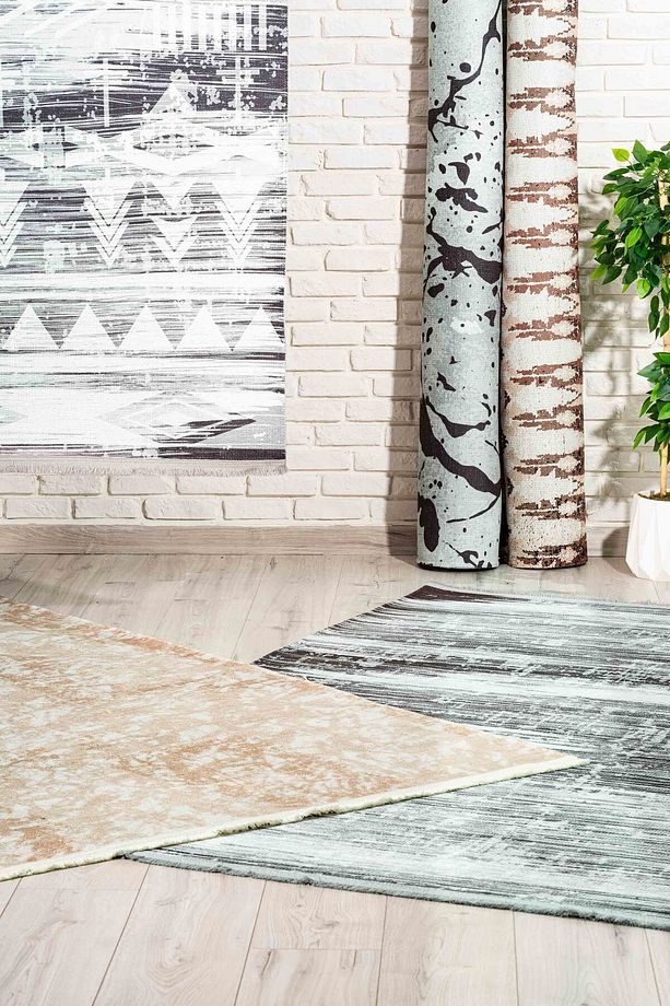 Abstract Desenli Krem Yıkanabilir Kaymaz Taban Şönil Koridor Salon Mutfak Halısı 8103 - 8