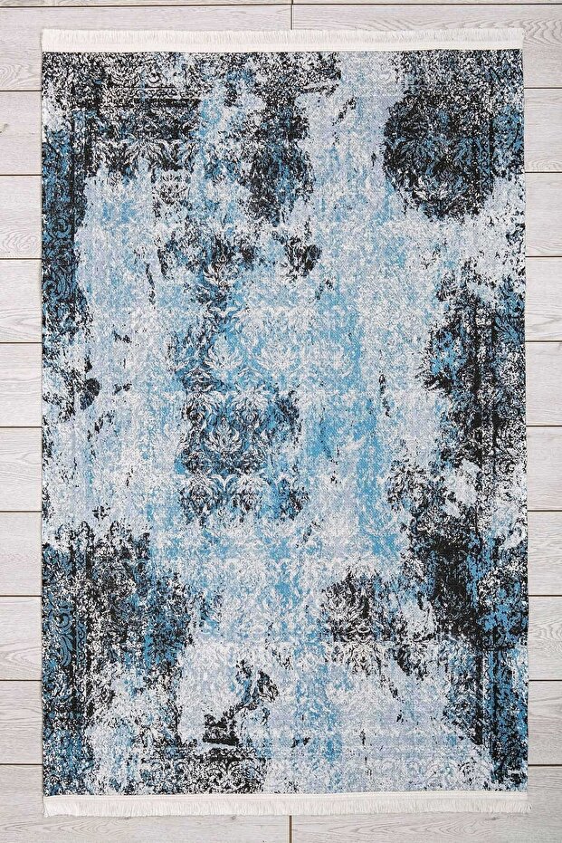 Avangarde Patterned Blue Washable Fringed Non-Slip Base Chenille Living Room Carpet 7323