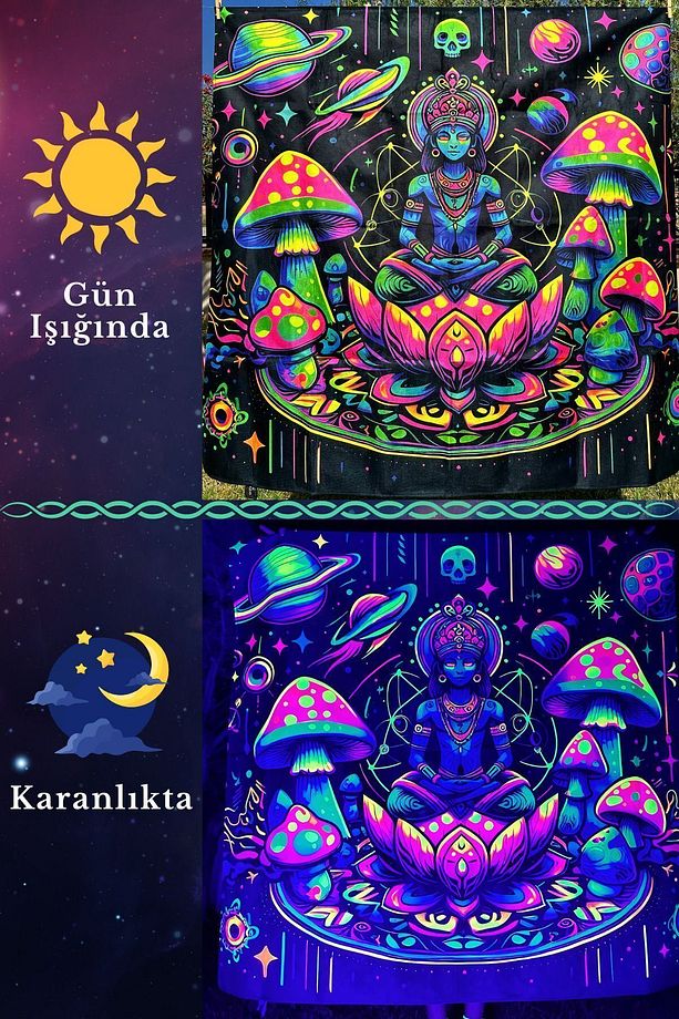 Lotus Portal Open / Blacklight ile Parlayan Neon Duvar Örtüsü Kalın ve Ağır Kumaş Glow Tapestry - 1