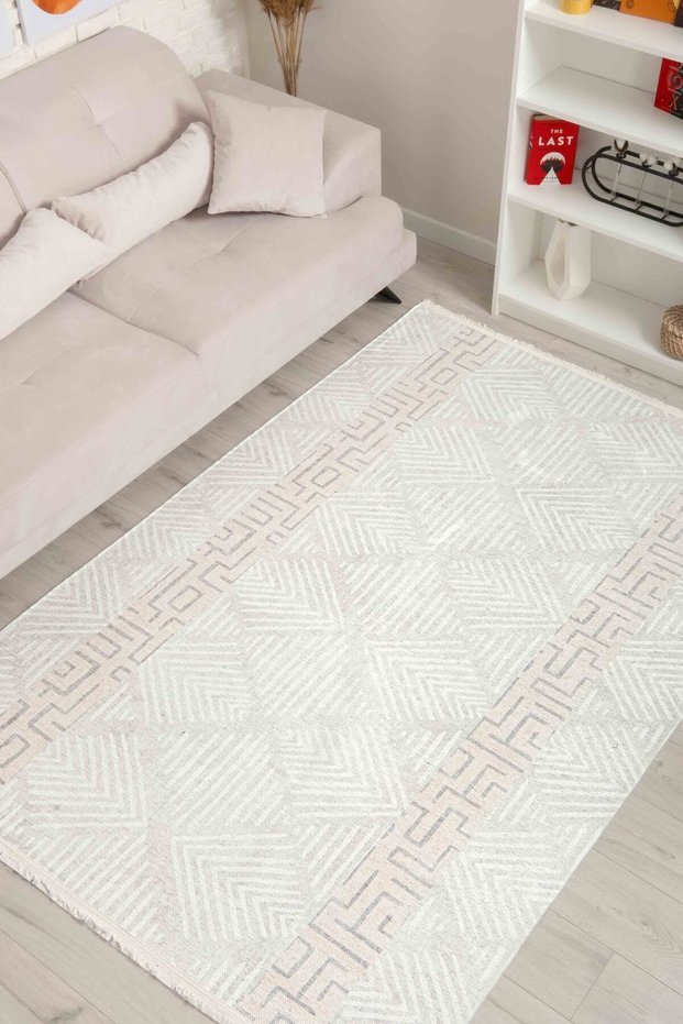 Nordic Patterned Cream Mink Chenille Machine Washable Fringed Non-Slip Base Door Carpet 8343