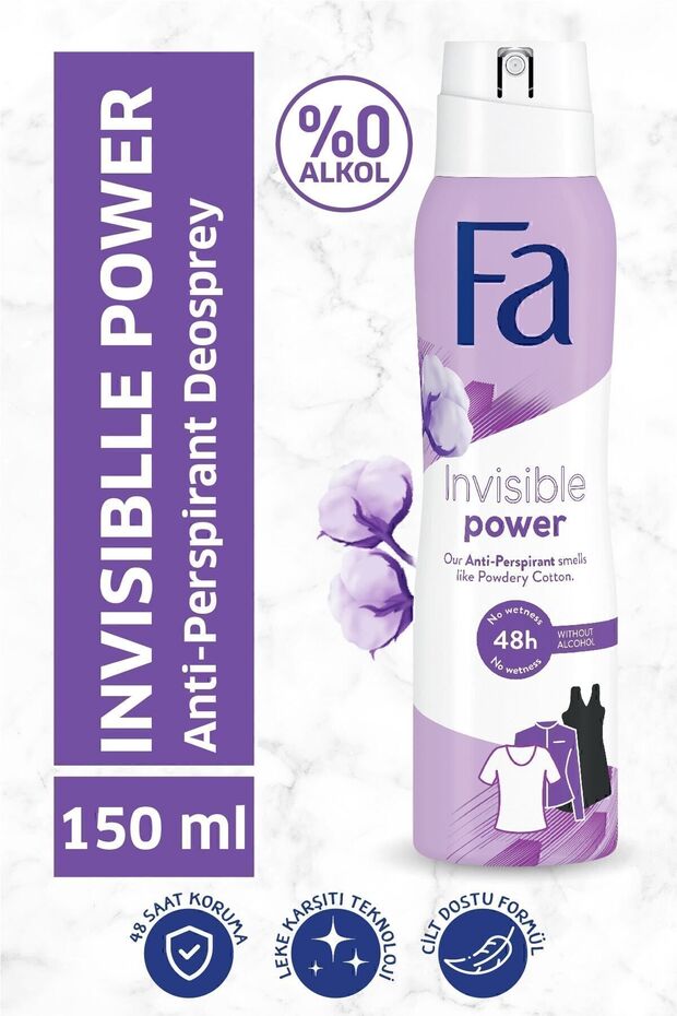 Invisible Power Deosprey 150 ml Erkek Deodorant - 48 Saat Kalıcı Leke Karşıtı Kıyafet Korumalı - 1