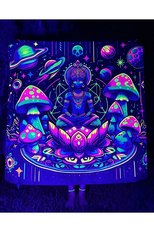 Lotus Portal Open / Blacklight ile Parlayan Neon Duvar Örtüsü Kalın ve Ağır Kumaş Glow Tapestry - 3