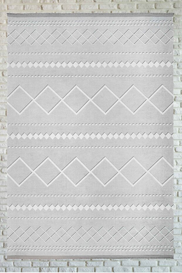 Nordic Patterned Light Gray White Washable Non-Slip Base Chenille Carpet 7785