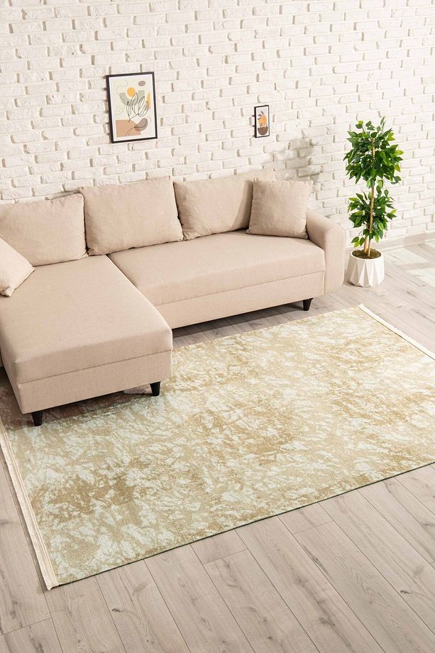 Abstract Desenli Krem Yıkanabilir Kaymaz Taban Şönil Koridor Salon Mutfak Halısı 7827 - 4
