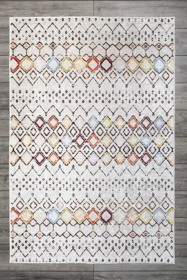 Scandinavian Patterned White Multicolor Velvet Carpet Washable Non-Slip Runner Hallway Carpet 7743