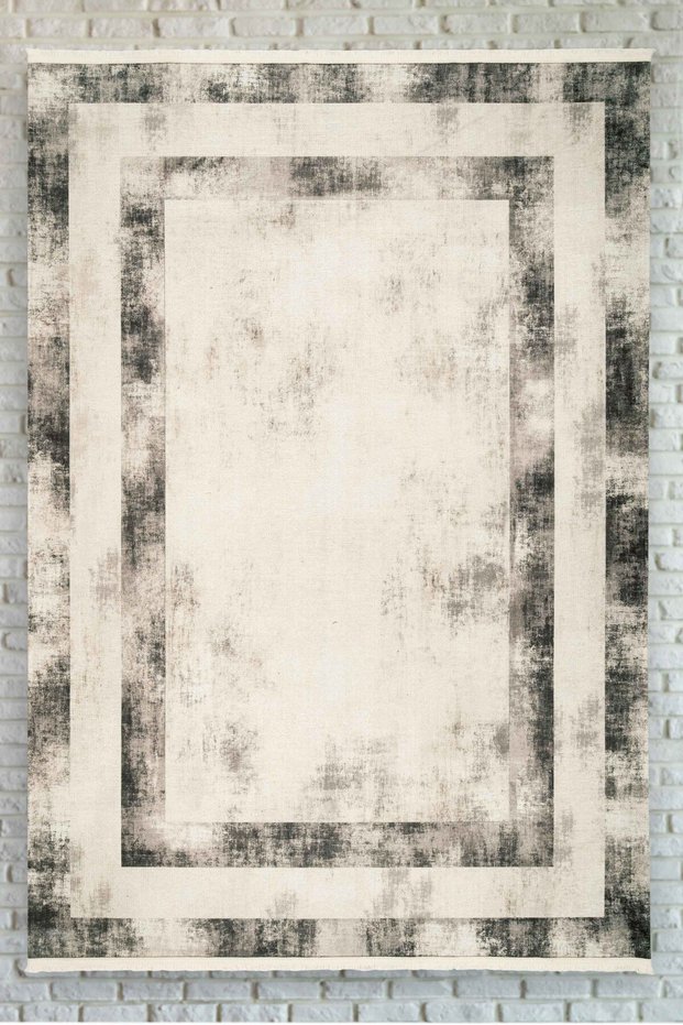Bordered Light Cream Brown Gray Washable Non-Slip Base Chenille Carpet 8262