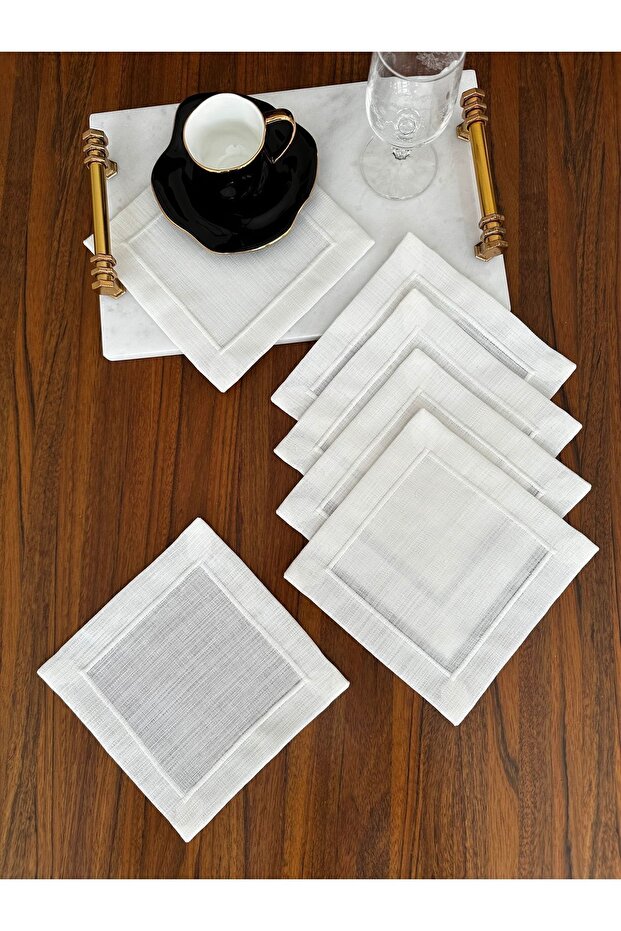 6 Pieces Pico Embroidered Ecru Color Cocktail Serving Napkin