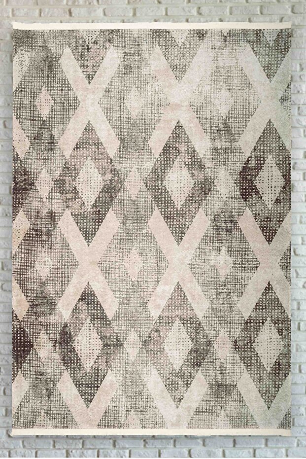 Geometric Patterned Brown Washable Non-Slip Base Chenille Carpet 7776