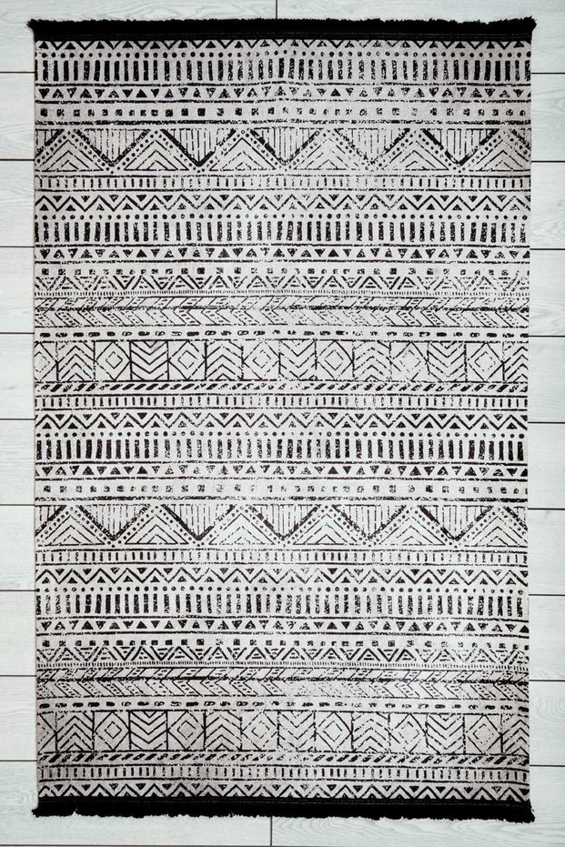 Scandinavian Patterned Beige Black Chenille Machine Carpet Runner Washable Hallway Carpet 7758