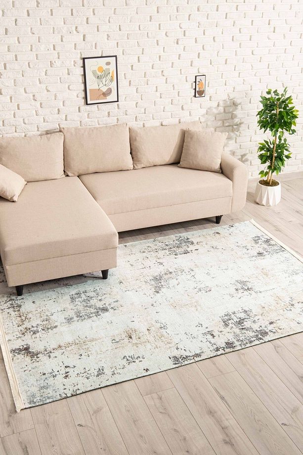Abstract Desenli Krem Gri Yıkanabilir Kaymaz Taban Şönil Salon Mutfak Halısı 7339 - 4