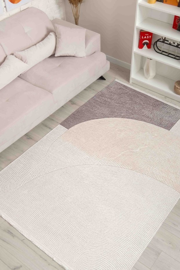 Striped Patterned Cream Mink Chenille Machine Washable Fringed Non-Slip Base Living Room Carpet 8354