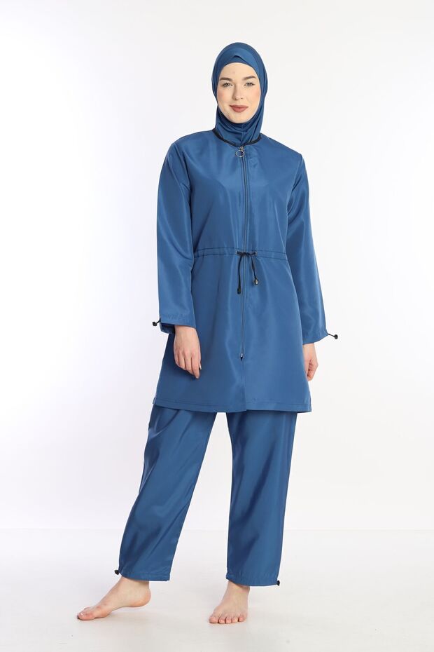 Aviator Blue 4-Piece Fully Covered Water-Repellent Quick-Drying Zippered Parachute Hijab Swimsuit