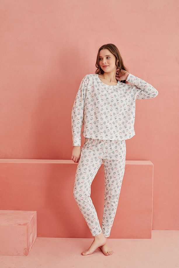 Ekru Fincan Desenli Uzun Kollu Örme Pijama Takım - 2
