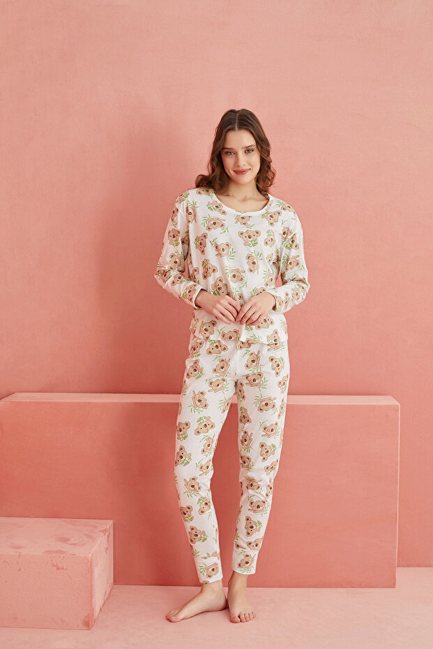 Ekru Koala Desenli Uzun Kollu Örme Pijama Takım - 2