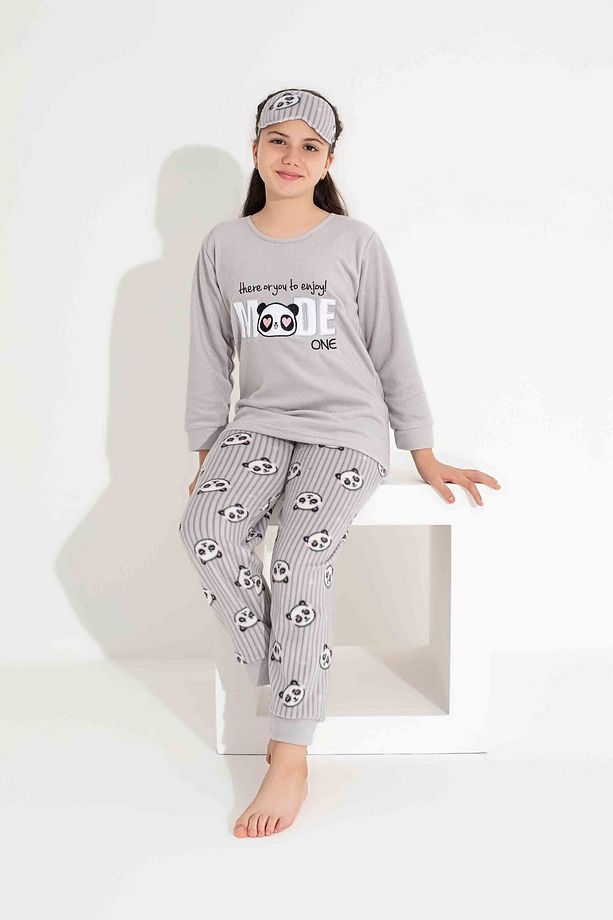 Kız Genç VE Çocuk Panda Desenli Uzun Kollu Polar Peluş Kumaş Kışlık Sıcak Tutan Pijama Takımı - 1