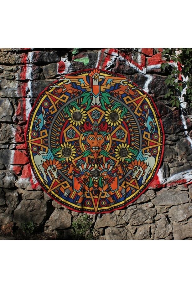 Aztek Etnik Yuvarlak Duvar Örtüsü Tapestry 150x150 - 1