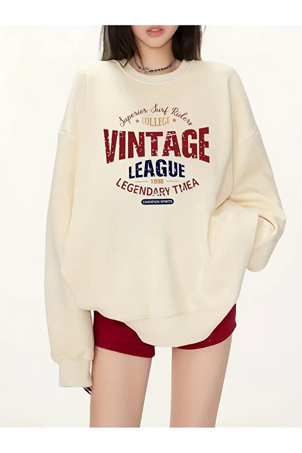 Women's Beige Vintage Printed Crew Neck Sweatshirt