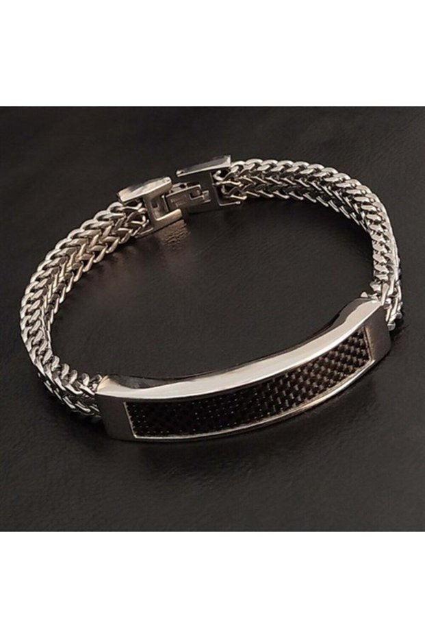 Men's Steel Bracelet - Double Row Chain Ottoman Carbon Detailed Stainless Steel Men's Bracelet