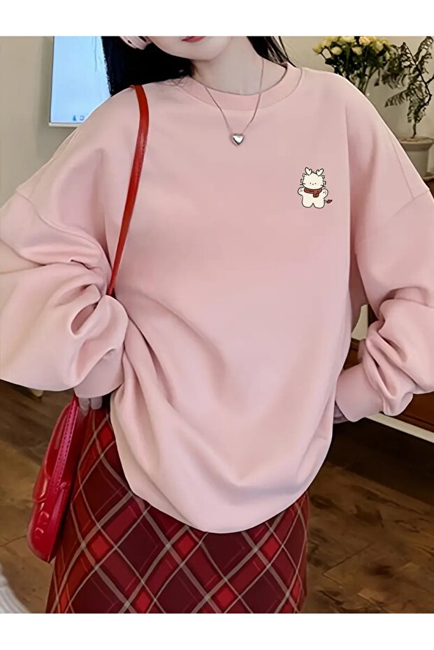 Women's Pink Figure Plush Printed Crew Neck Sweatshirt