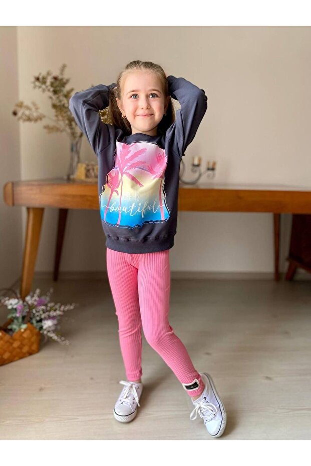 Girl's 2 Thread Fabric Ribbed Leggings Top and Bottom Set