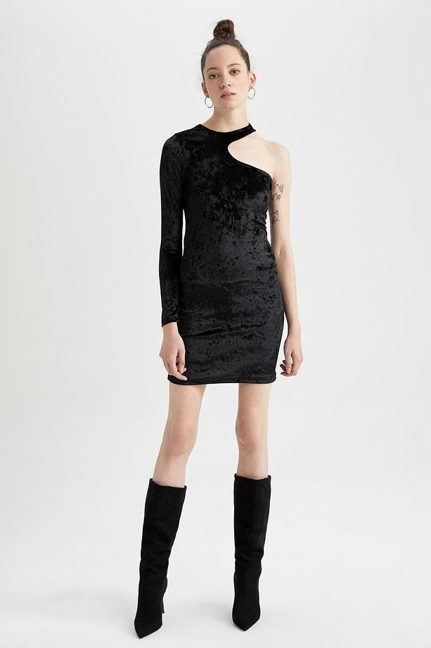 Bodycon Tek Omuzlu Velur Uzun Kollu Mini Elbise Z8563az22wn - 5